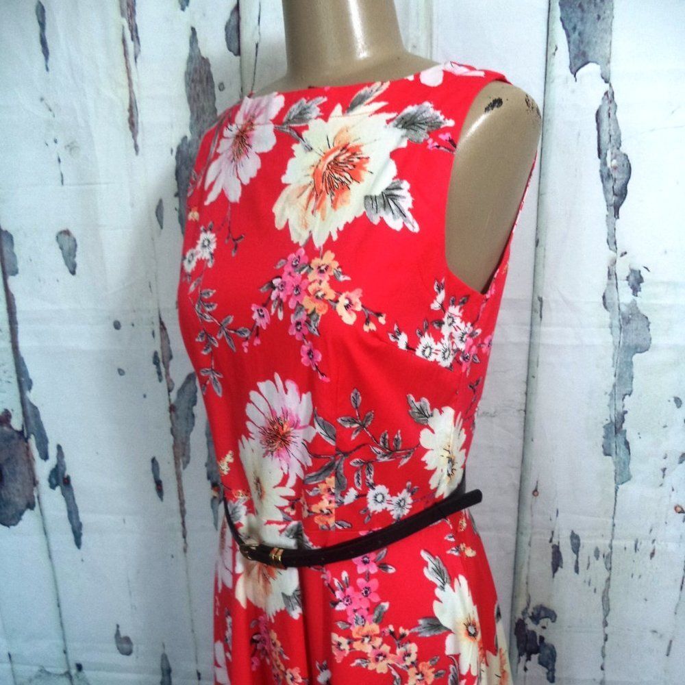 Mod Floral Print Red Coral Fit Flare Sun Dress Med